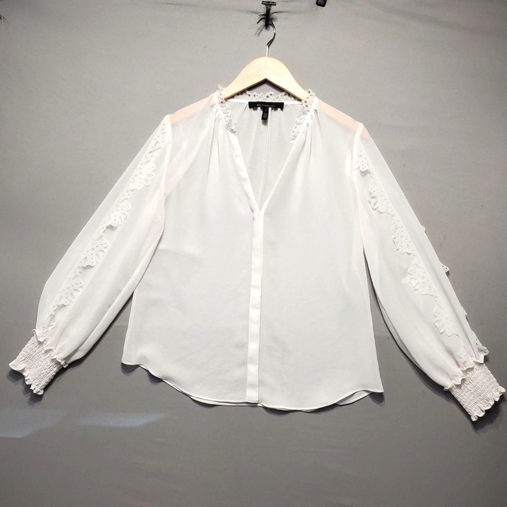 White House Black Market Sheer Ruffle Blouse Womens S White Chiffon Romantic